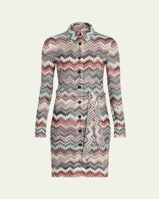 Chevron Belted Long-Sleeve Shirtdress